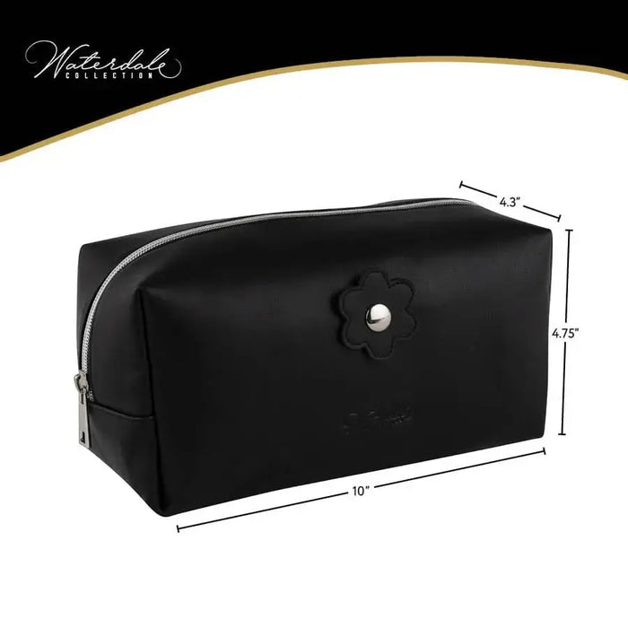 Black leather cosmetic bag by Waterdale Collection with rounded corners and silver-toned hardware, shown against white background.