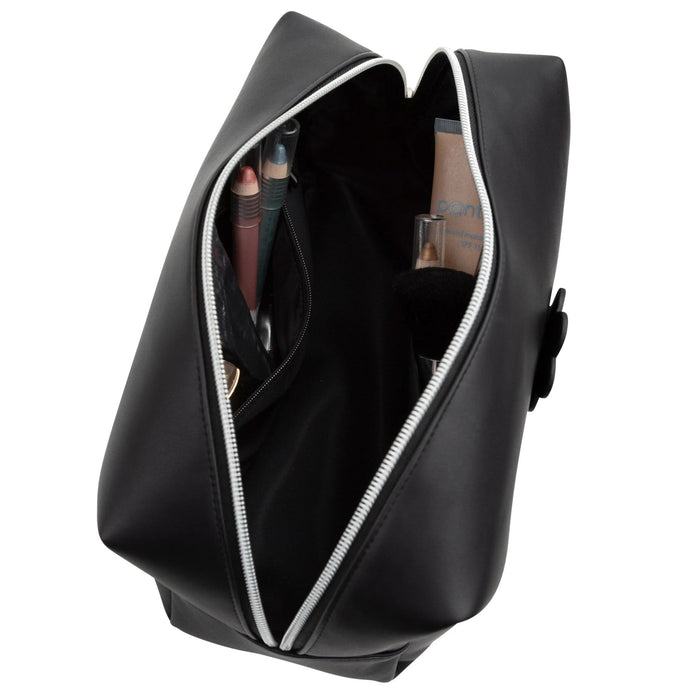 Black leather cosmetic bag with white zipper detail and carrying handle, shown open to display interior compartment