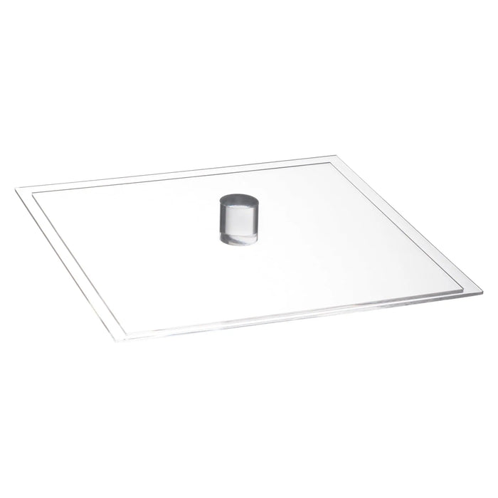 Clear acrylic cover for Luxe Square Tray with metal handle, perfect for serving and protecting food during Shabbat and Pesach meals.