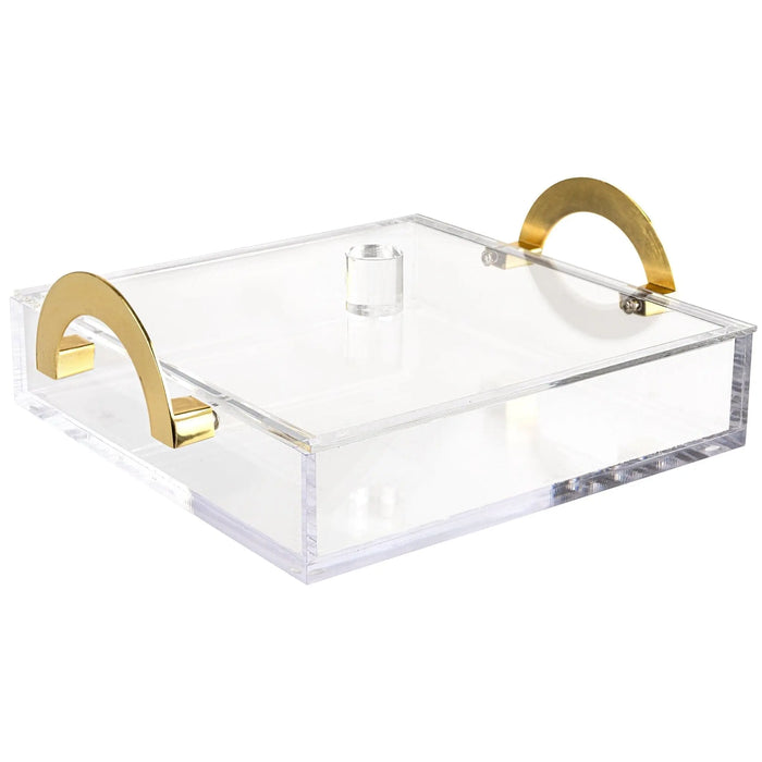 Clear lucite square tray with brass handles and matching cover for Shabbat and Pesach entertaining.