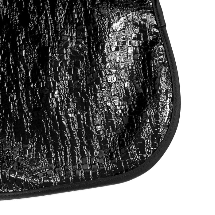 Black crocodile patent leather bib with textured embossed pattern, medium size, baby feeding accessory from Waterdale Collection