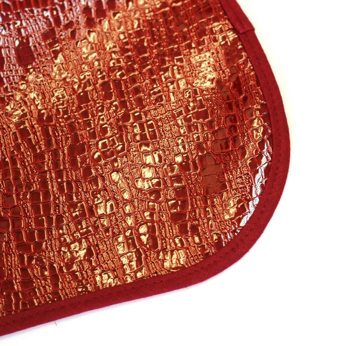 Red crocodile patent leather bib with gold metallic texture detail, designed for babies and toddlers by Waterdale Collection.