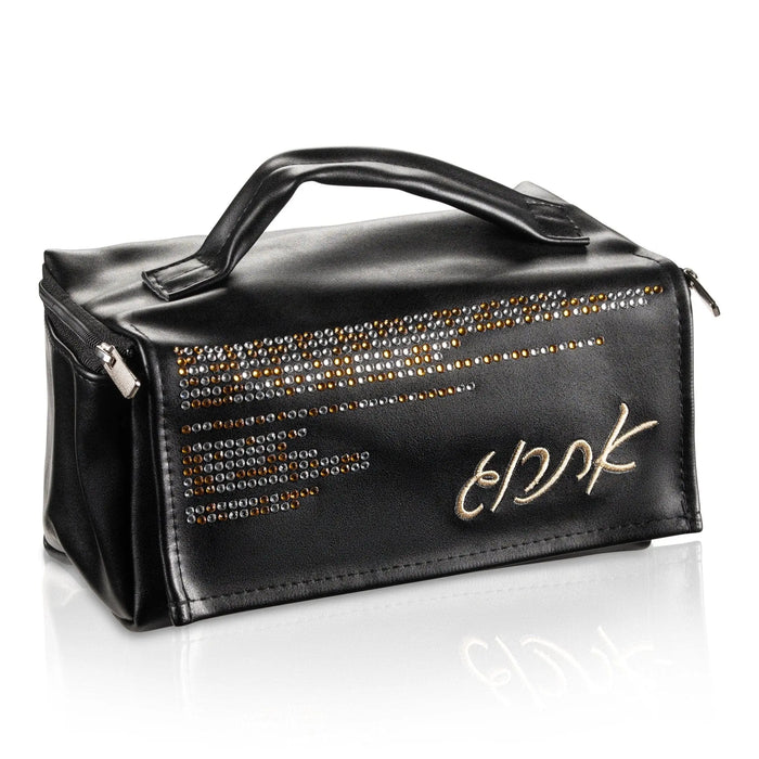 Crystal leather esrog bag in black, fits a cardboard esrog (אתרוג) box inside, for Sukkos