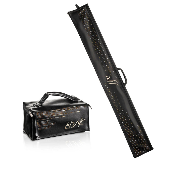 Crystal leather esrog bag shown open and closed, zipper and magnetic closure, for Succos (סוכות)