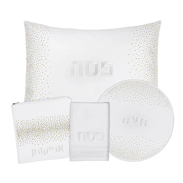 Crystal Pesach set by Waterdale Collection featuring white leather accessories including pillow, placemat, and round coaster on display.