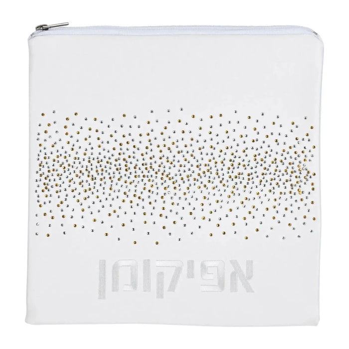 White leather Crystal Pesach Set with scattered crystal embellishments across the front, featuring minimalist design and zipper closure from Waterdale Collection.