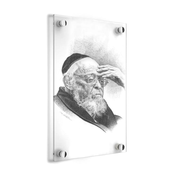 Custom Order Gadol sketch wall art featuring a detailed portrait of a bearded man, displayed in a clear acrylic frame with chrome hardware.