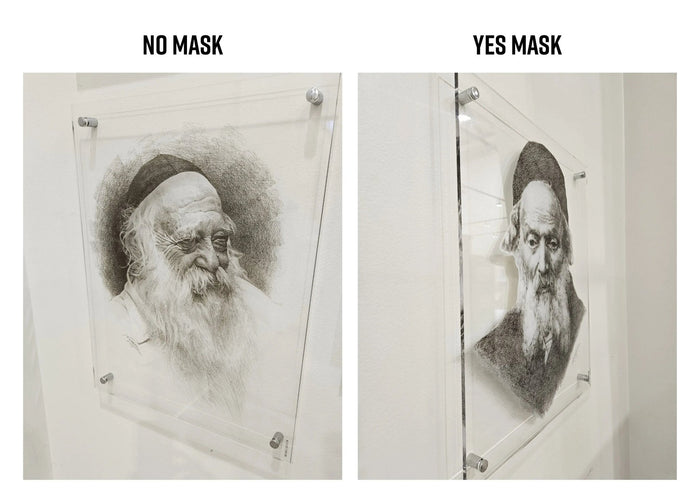Custom Order Gadol Sketch wall art showing two panels comparing masked and unmasked abstract portrait designs in minimalist style.