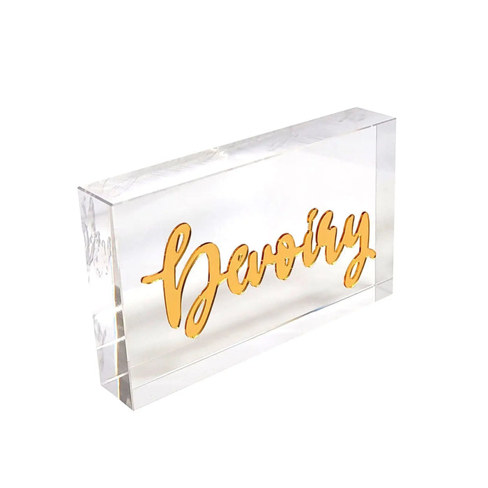Clear acrylic custom place card with gold cursive "Darcy" lettering for elegant table settings