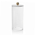 Clear glass cylinder canister with white lid and brass knob, large serveware storage container from Waterdale Collection.