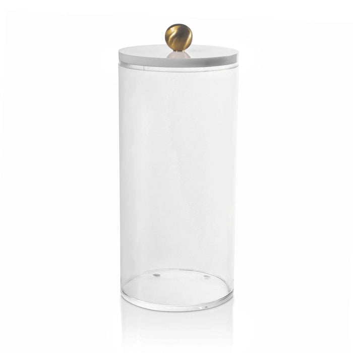 Clear glass cylinder canister with white lid and brass knob, large serveware storage container from Waterdale Collection.