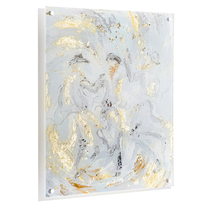 Dance with Joy painting featuring abstract figures in soft gray, blue, and gold watercolor tones on white canvas panel by Waterdale Collection.