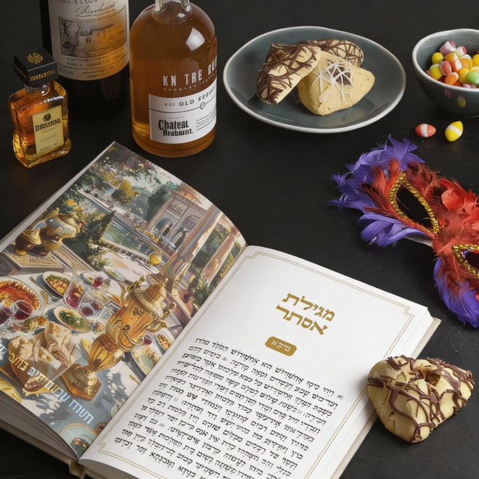 Deluxe leather Megillah case displayed on black table with Purim setup, showing burgundy cover with gold accents next to open book and festive flowers.