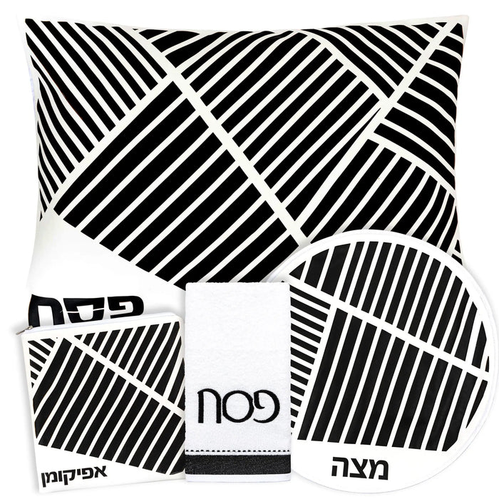 Diagonal Laser Cut Pesach Set in black leather with geometric striped pattern design from Waterdale Collection