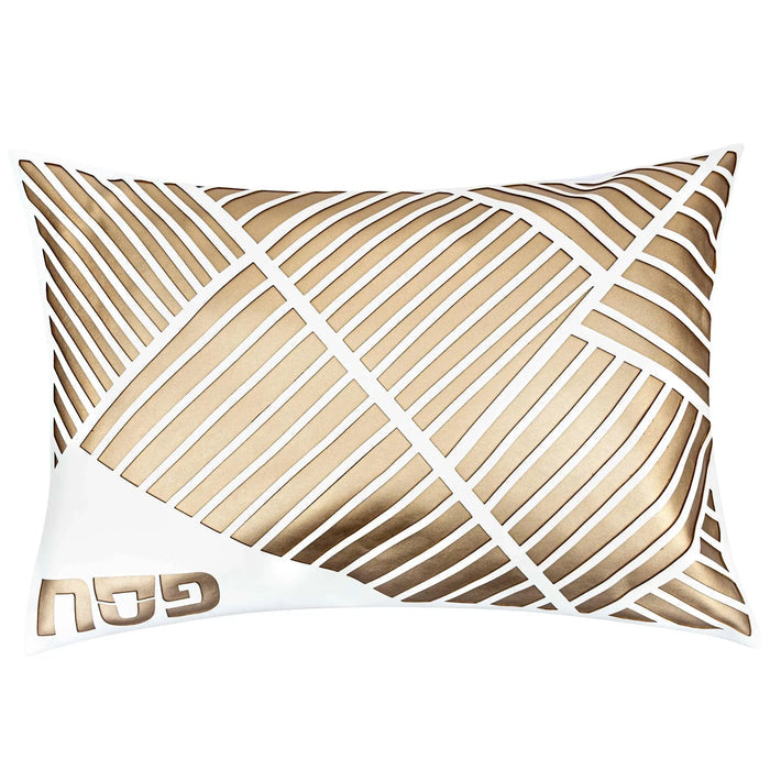 Beige leather Pesach set with diagonal laser-cut geometric pattern and white accents by Waterdale Collection.