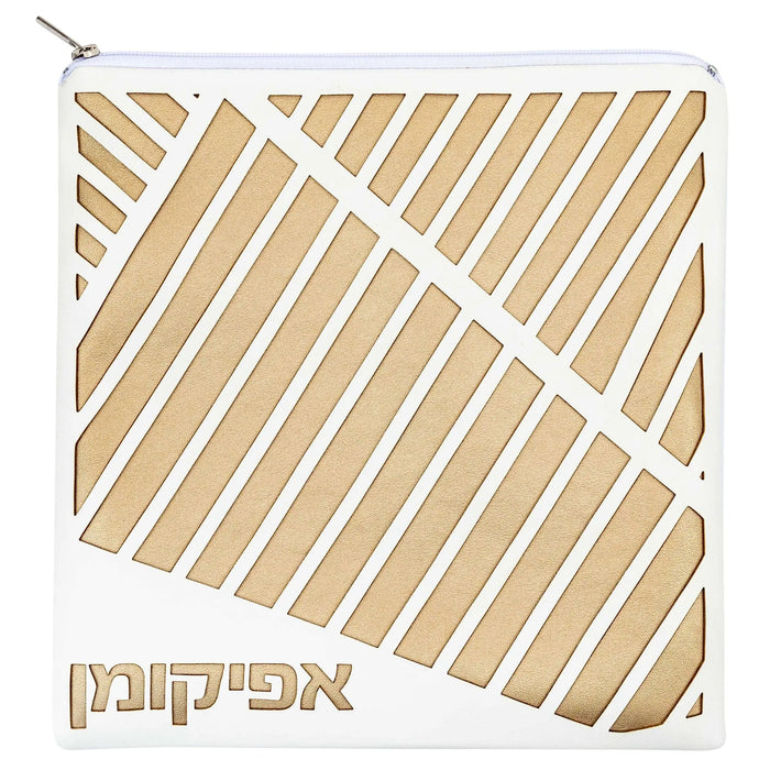 Tan and white diagonal striped Pesach leather set with geometric laser cut pattern from Waterdale Collection