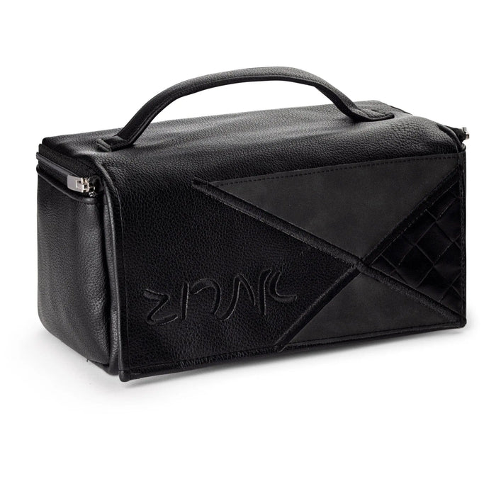 Black Diagonal leather esrog bag from Waterdale Collection with a top handle, for Sukkos