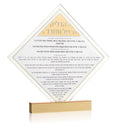 Diamond Chanukah Brachos Tabletop from the Waterdale Collection in gold, a Lucite diamond printed with the Hadlakas Ner Chanukah brachos
