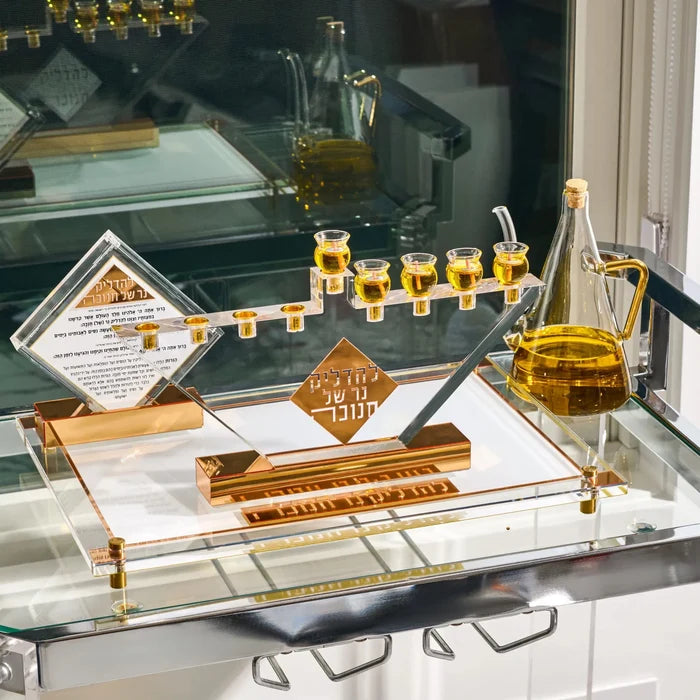 Diamond Chanukah Brachos Tabletop in clear Lucite, the blessings printed across the diamond face for Chanukah
