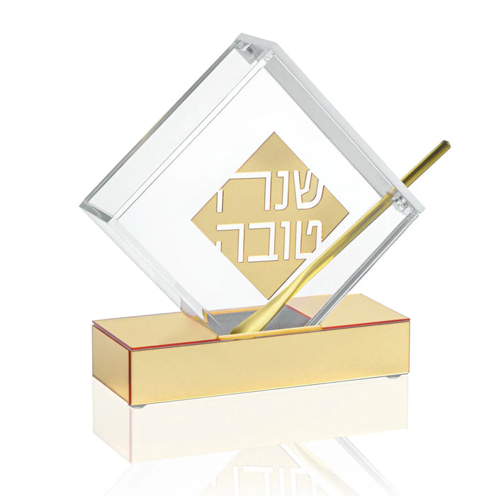 Diamond Honey Dish by Waterdale Collection in gold and clear glass with geometric pattern and serving spoon