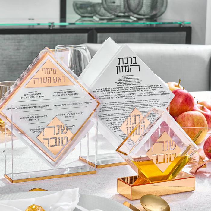 Diamond simanim (סימנים) card set, gift-ready for the Jewish New Year, alongside a diamond honey dish, and diamond shaped birchas hamazon cards