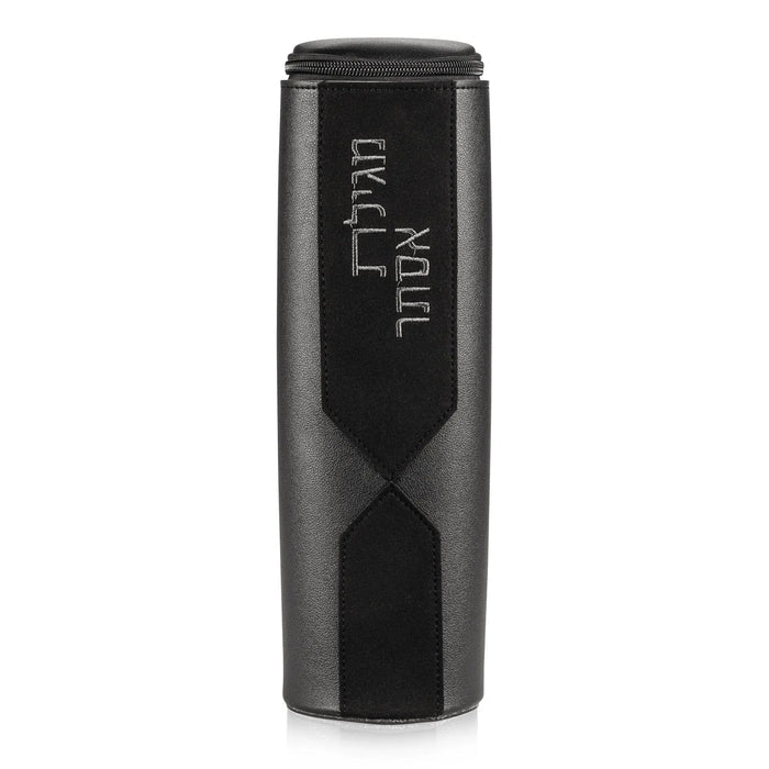 Black Diamond Leather Megillah Case with textured geometric pattern, standing upright on white background