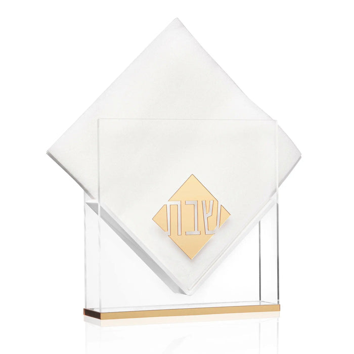 Diamond Suspended Napkin Holder in clear acrylic with natural wood accent, modern geometric design for Shabbat and holiday table settings.