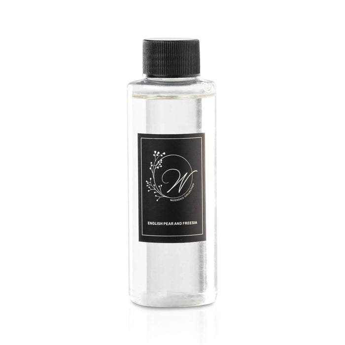 Clear glass diffuser refill bottle with black label from Waterdale Collection, featuring minimalist design and black cap closure.