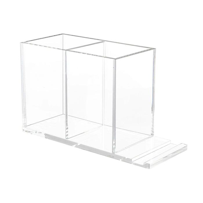 Clear acrylic double pen and phone holder by Waterdale Collection, featuring two separate compartments on a transparent base for desktop organization.