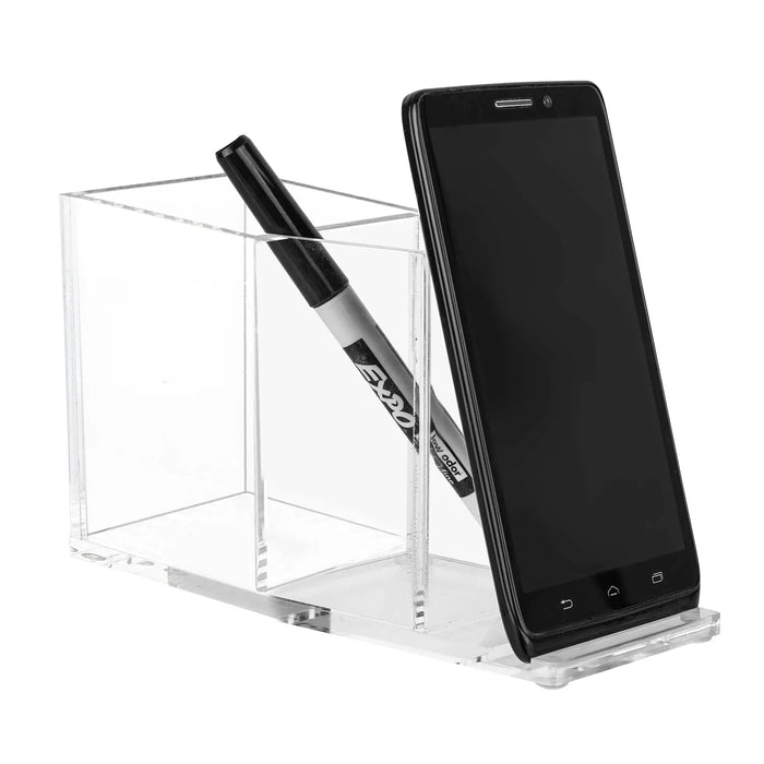 Clear acrylic double pen and phone holder displaying a smartphone and pen, compact tabletop organizer from Waterdale Collection.