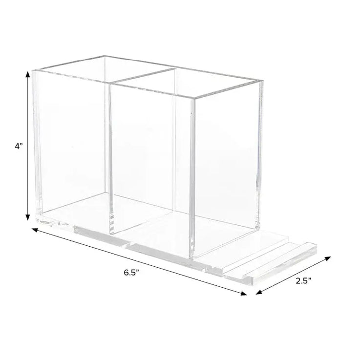 Clear acrylic double pen and phone holder with two compartments, showing dimensions of 6.0" width and 4" depth, displayed on white background.