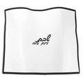 White challah cover with embroidered gold Hebrew text and black embroidered edge detail, leather trim