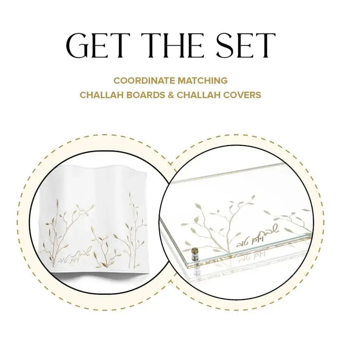 Waterdale Collection embroidered leaf challah board and cover set showing white ceramic pieces with delicate floral stitching details