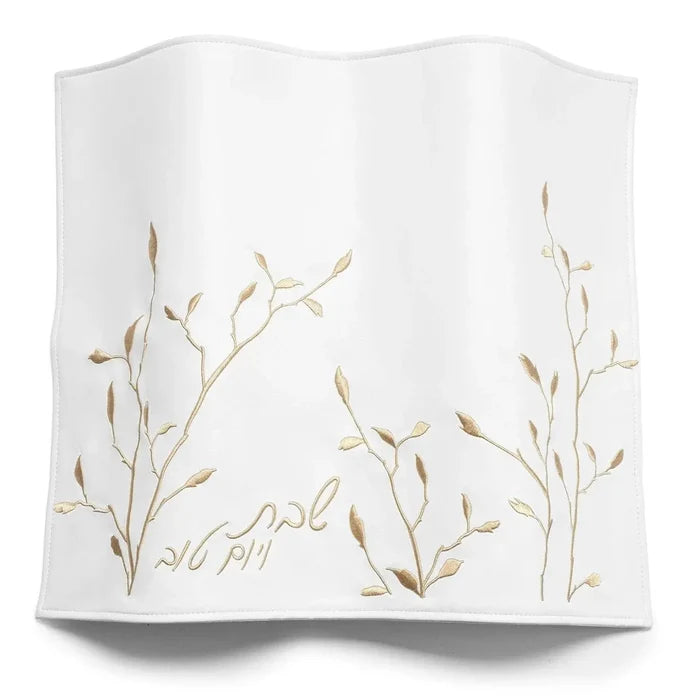 Waterdale Collection embroidered leaf challah board and cover set with delicate botanical designs on white linen fabric.