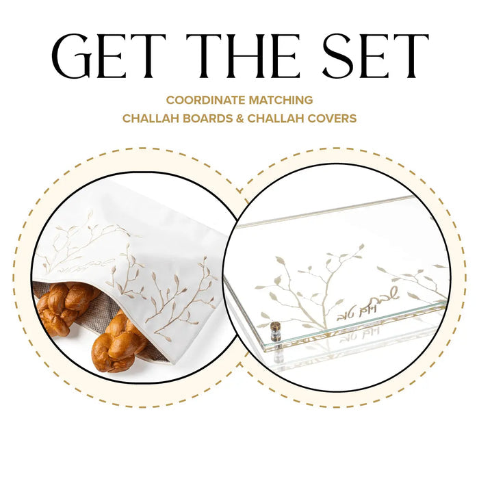 Embroidered leaf challah board with matching pouch set featuring wooden handles and white linen fabric from Waterdale Collection.