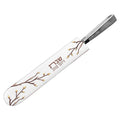 White leather knife blade cover with embroidered leaf design and gray metal ferrule by Waterdale Collection