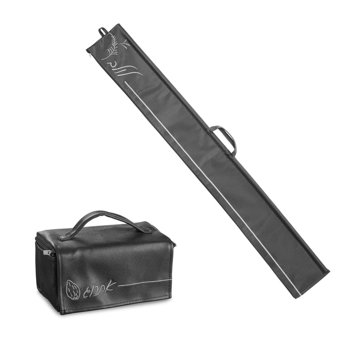 Embroidered leather lulav case with carrying handle and matching shoulder bag, designed for Sukkot holiday storage.