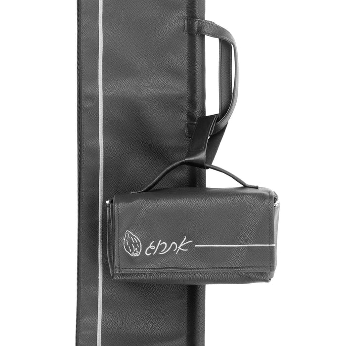 Leather lulav case with embroidered design and carrying handle, perfect for Sukkot holiday storage and transport.