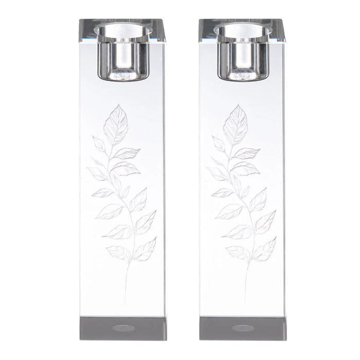 Pair of engraved crystal candlesticks with leaf design and silver-tone metal holders for Shabbat candle lighting.