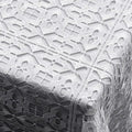 White filet crochet lace tablecloth featuring intricate geometric patterns and openwork design, perfect for Shabbat and holiday table settings.