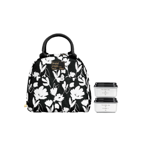 Fit & Fresh Portland Thermal Insulated Lunch Tote Bag for Women, Includes 2-8 oz Snack Containers,  Black and White