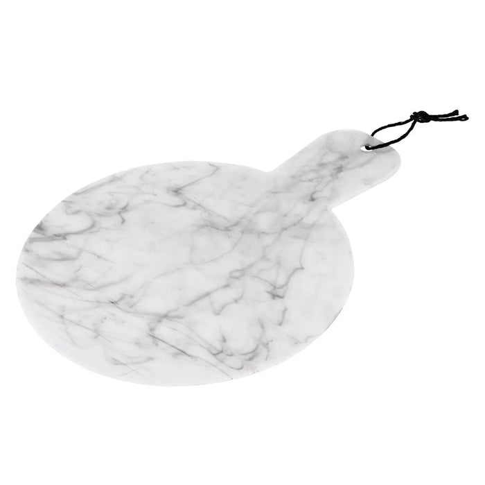 Flat white marble charcuterie board with black rope handle, round shape for serving and entertaining.