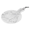 Flat white marble charcuterie board with black rope handle, round shape for serving and entertaining.