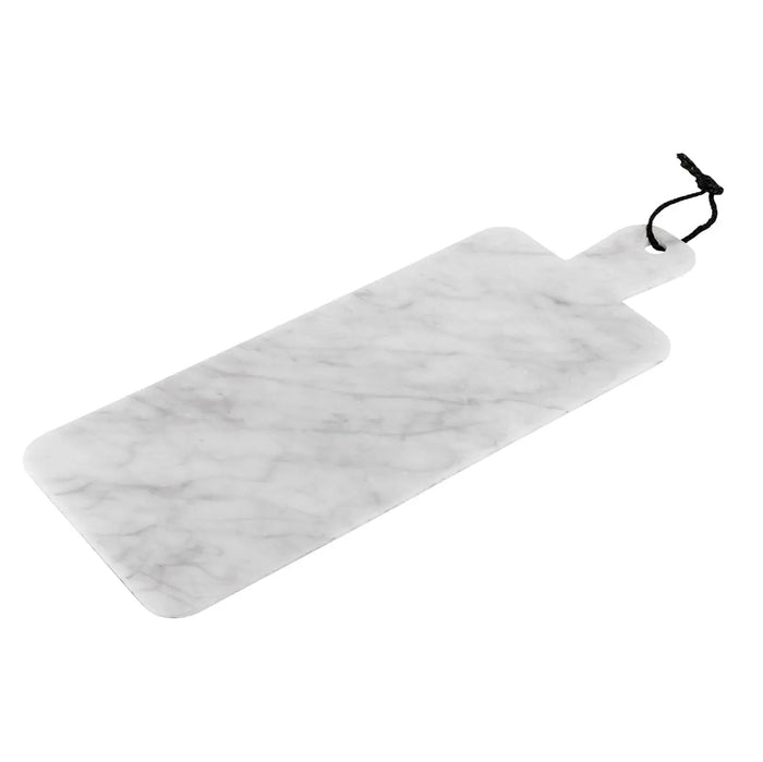 Flat marble charcuterie board in light gray and white veining, shown from above with serving handles on ends.