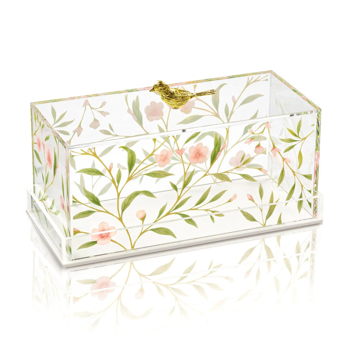 Rectangular floral bird cake dome with painted botanical and bird design on cream background, gold metal handle and trim, by Waterdale Collection.