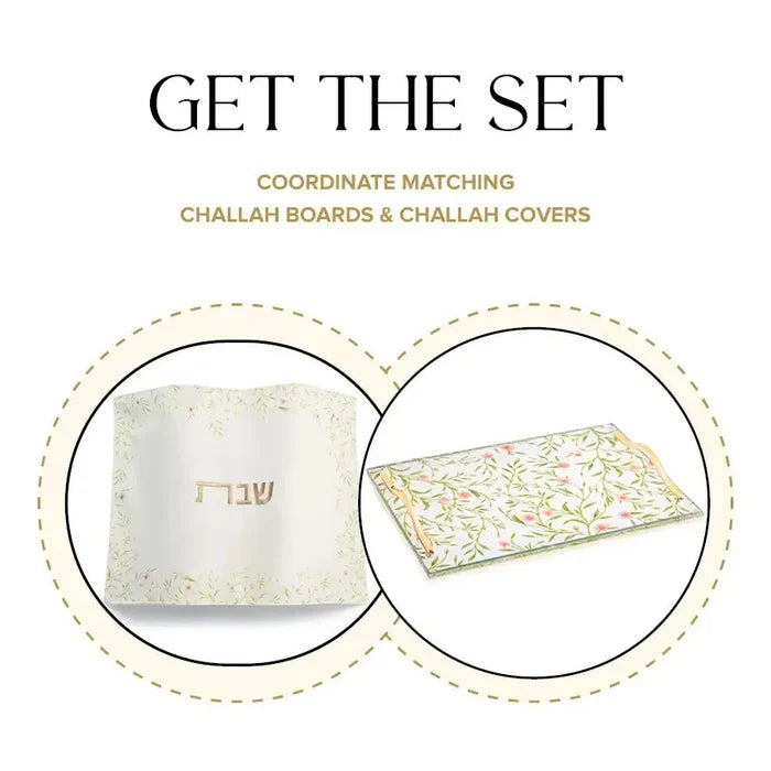 Waterdale Collection Floral Bird Challah Board and matching Cover Set featuring French toile design in cream and gold tones.