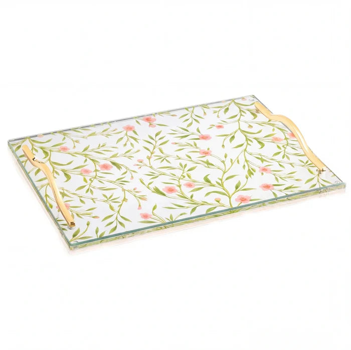 Floral bird challah board with colorful botanical design and gold trim on white ceramic base, displayed at an angle