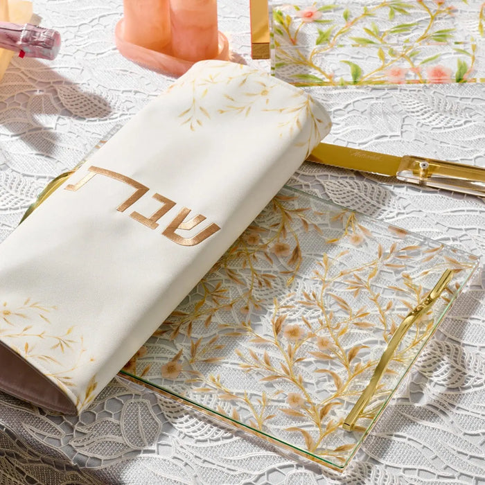 Floral Bird Challah Cover in cream with gold leaf design and matching cream silk pouch by Waterdale Collection for Shabbat.