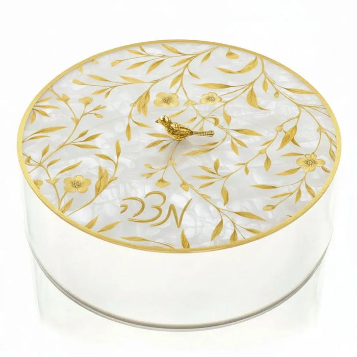 Waterdale Collection Floral Bird Matzah Box with white ceramic base and gold leaf botanical design on lid for Pesach holiday.