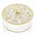 Waterdale Collection Floral Bird Matzah Box with white ceramic base and gold leaf botanical design on lid for Pesach holiday.